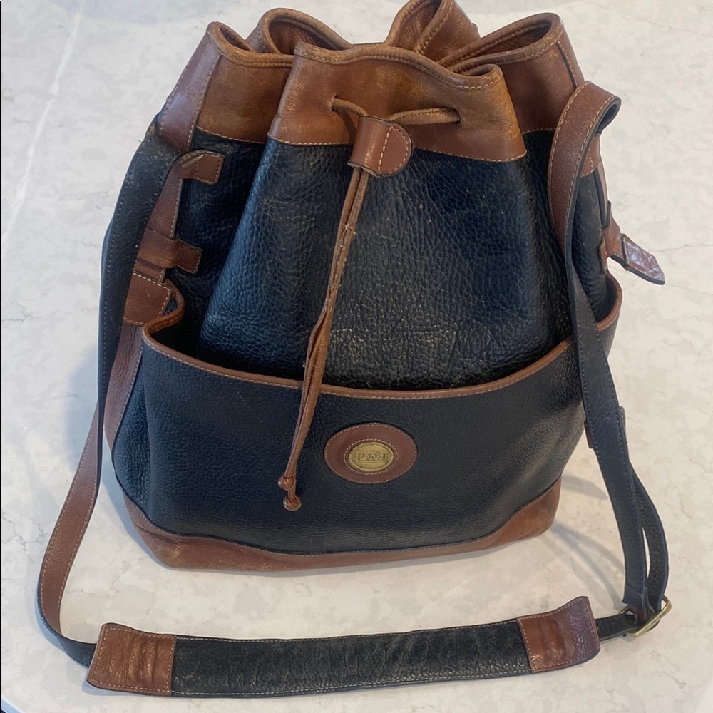 LAND, GENUINE Leather Black & Brown large bucket Drawstring Slouchy Bag/Purse
